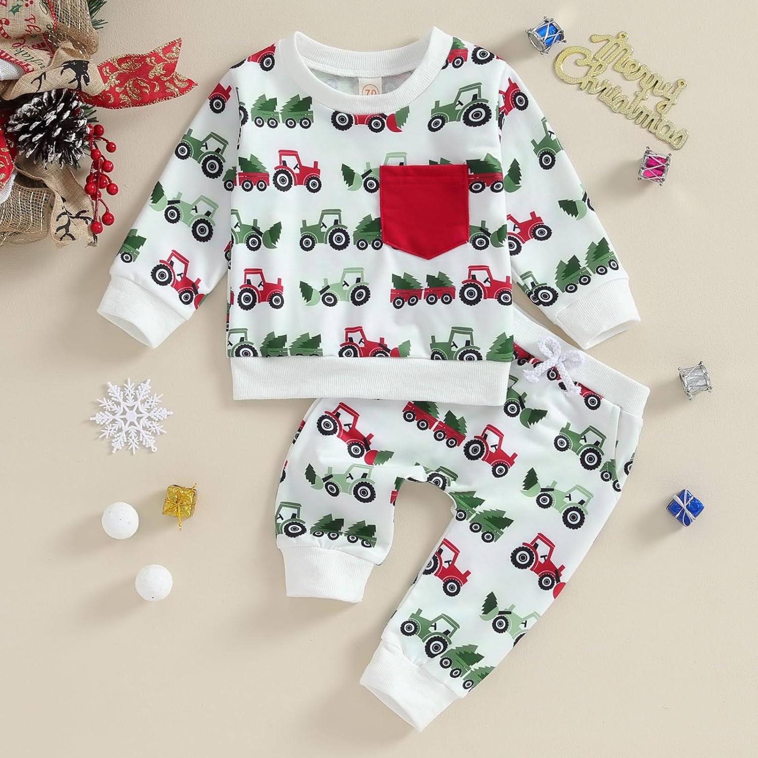 Toddler Baby Boy Girl Christmas Outfits Truck Tree Print Long Sleeve Sweatshirts Pants Fall Infant 2Pcs Clothes