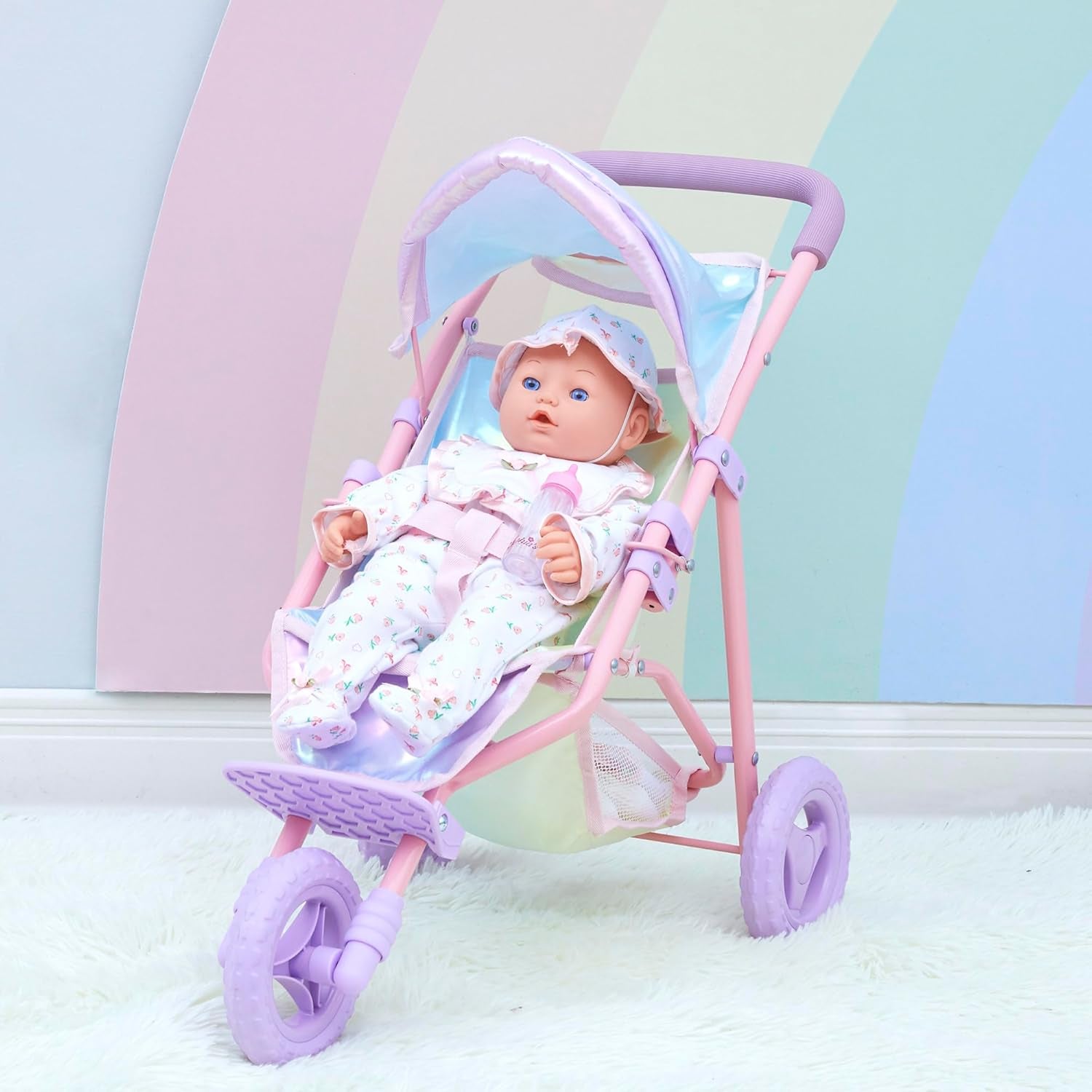 Teamson Kids - Magical Dreamland Baby Doll Jogging Stroller - My Little Girls First Dolls Pram Toy Gift, Iridescent Color