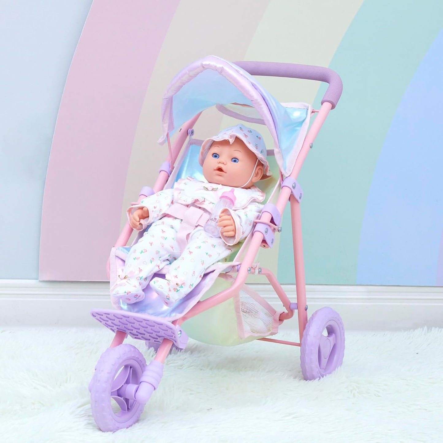 Olivia'S Little World Baby Doll Jogging-Style Stroller with Canopy, Seatbelt and Storage Space, Purple and White