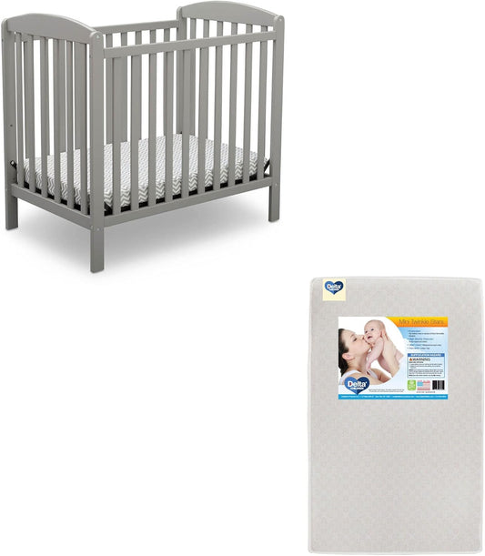 Delta Children Emery Mini Convertible Baby Crib & Twinkle Stars 3-Inch Waterproof Mini Crib Mattress, Grey