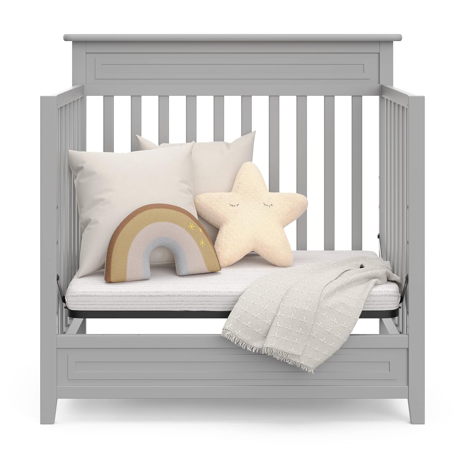 STORKCRAFT Petal 4-In-1 Convertible Mini Crib (Pebble Gray) – GREENGUARD Gold Certified, Converts to Daybed and Twin-Size Bed, Includes Bonus 2.75-Inch Mini Crib Mattress