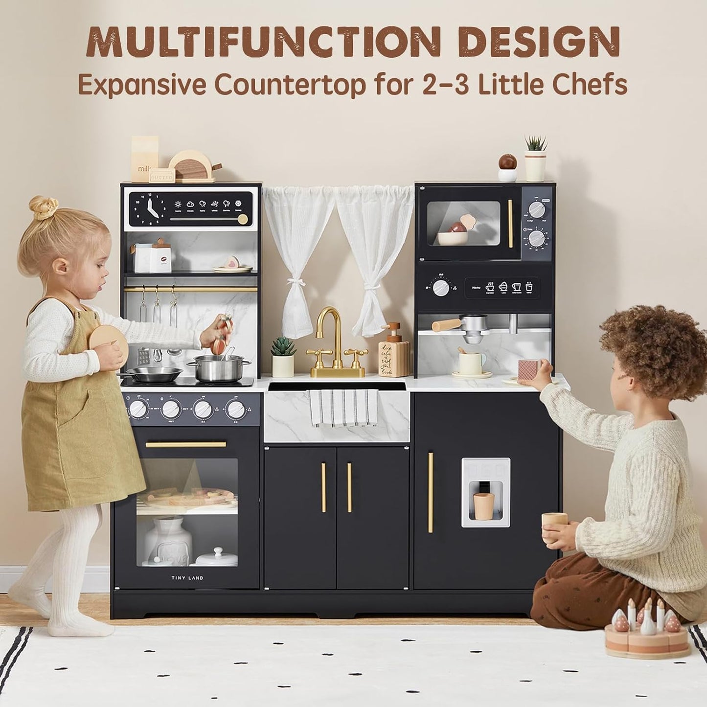 Tiny Land Play Kitchen for Kids, Wooden Play Kitchen Sets for Girls and Boys, New Modern Toddler Kitchen Toy Kitchen Designed in Trendy Home Style, Gift for Ages 3+