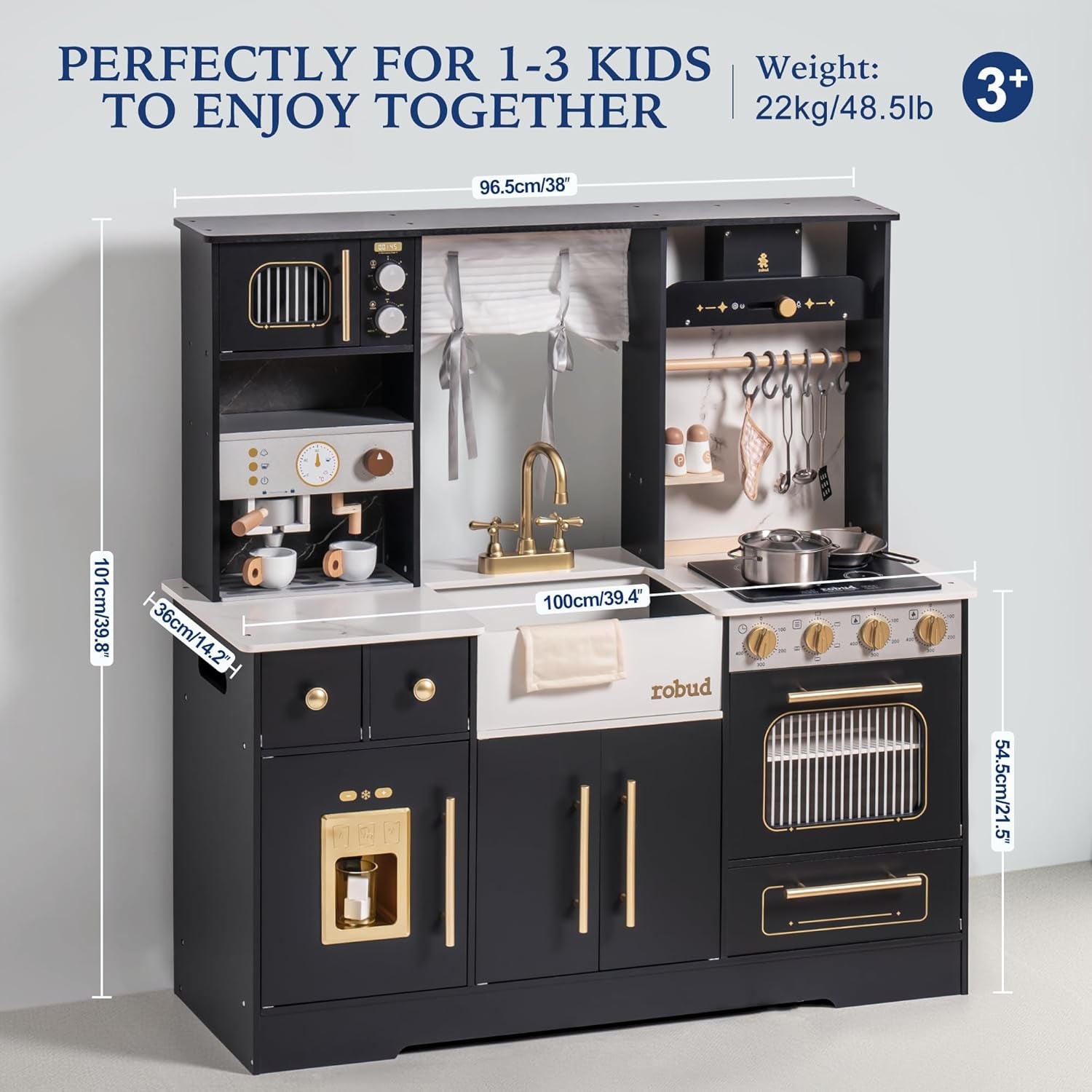 ROBUD Play Kitchen for Kids, Wooden Play Kitchen Set with Plenty of Realistic Play Features, Toy Kitchen with Ice Maker, Coffee Machine, Oven, Cabinet, Microwave, Utensils, Gift for Ages 3+, Black