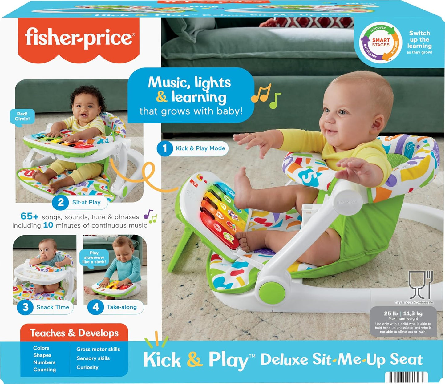 Fisher-Price Baby Portable Chair Deluxe Kick & Play Sit-Me-Up Floor Seat with Piano Learning Toy & Snack Tray for Infants to Toddlers