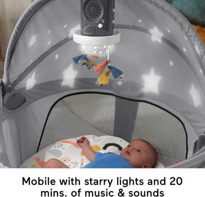 Fisher-Price Portable Baby Bassinet Deluxe On-The-Go Projection Dome, Travel Play Space for Newborns with Lights Music & Canopy, Paper Shapes