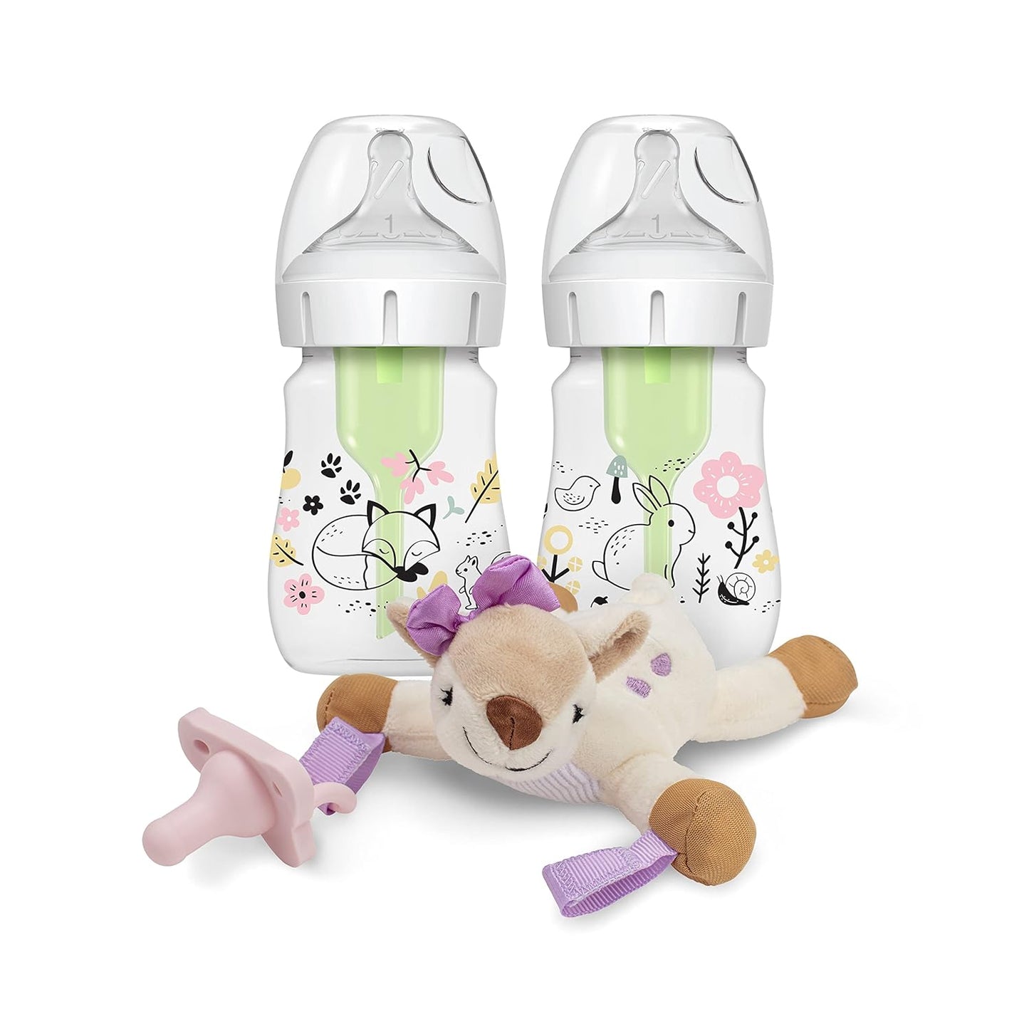 Dr. Brown’S Natural Flow® Anti-Colic Options+™ Wide-Neck Baby Bottle, Woodland Design, 5 Oz/150 Ml, Level 1 Nipple, 2-Pack, 0M+ with Lovey Pacifier Holder with Silicone Happypaci, Deer, 0-12M