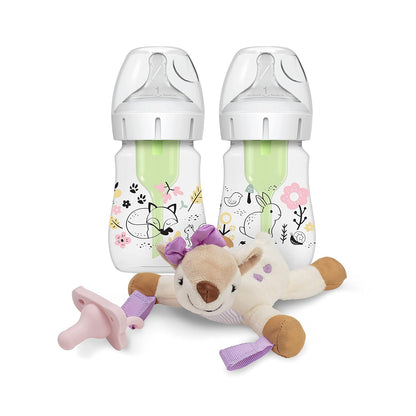 Dr. Brown’S Natural Flow® Anti-Colic Options+™ Wide-Neck Baby Bottle, Woodland Design, 5 Oz/150 Ml, Level 1 Nipple, 2-Pack, 0M+ with Lovey Pacifier Holder with Silicone Happypaci, Deer, 0-12M