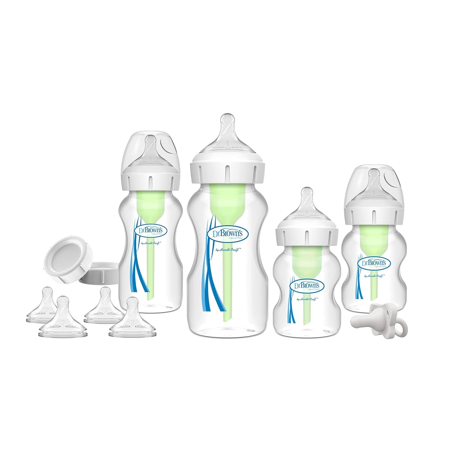 Dr. Brown'S Anti-Colic Wide-Neck Feeding Set with Slow Flow Nipples, Travel Caps & Silicone Pacifier