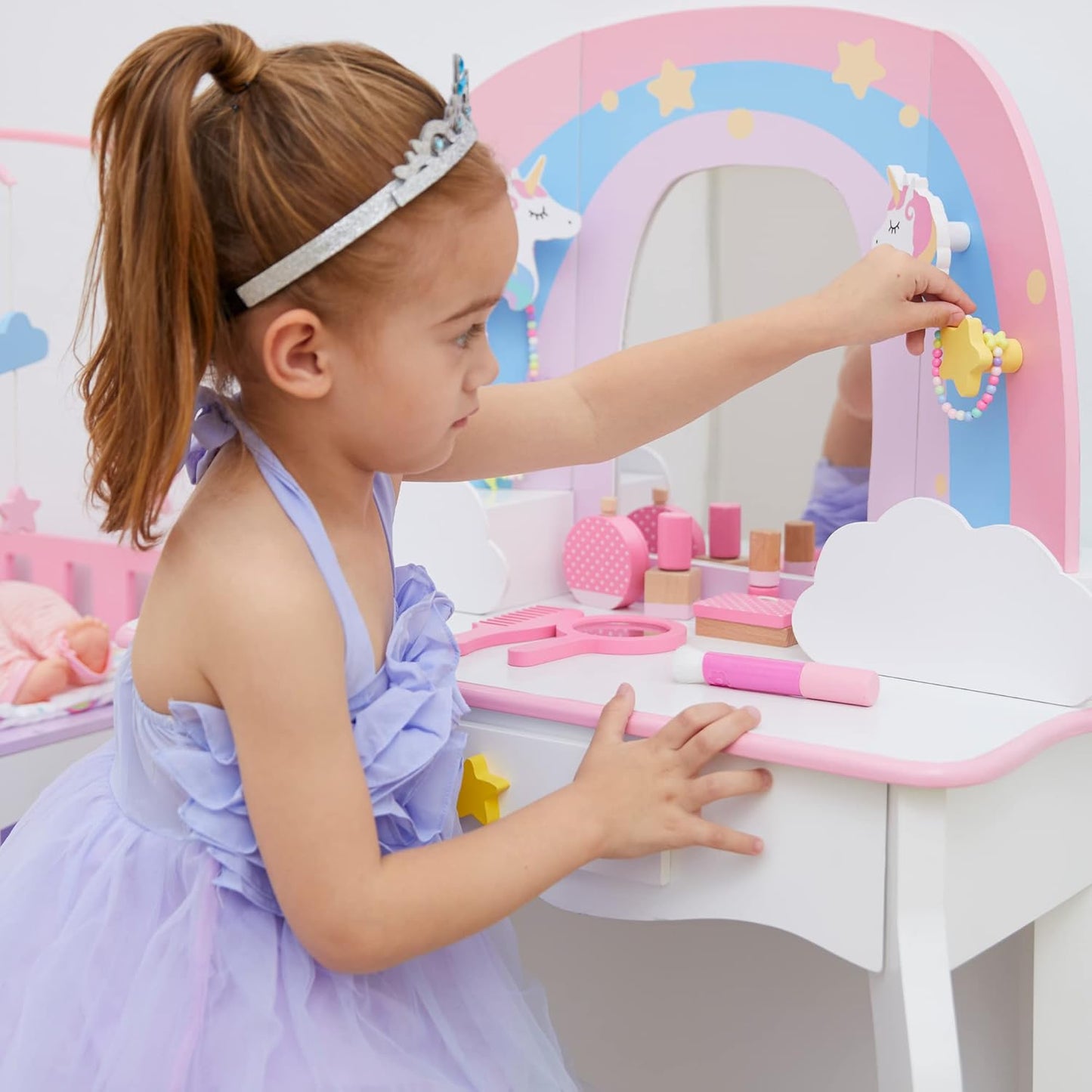 Fantasy Fields Little Dreamer Rainbow Unicorn Play Vanity Set with Rainbow-Shaped Mirror Frame, Cloud-Shaped Storage Drawers, and Stool, White with Pink, Blue and Lilac Rainbow Accents