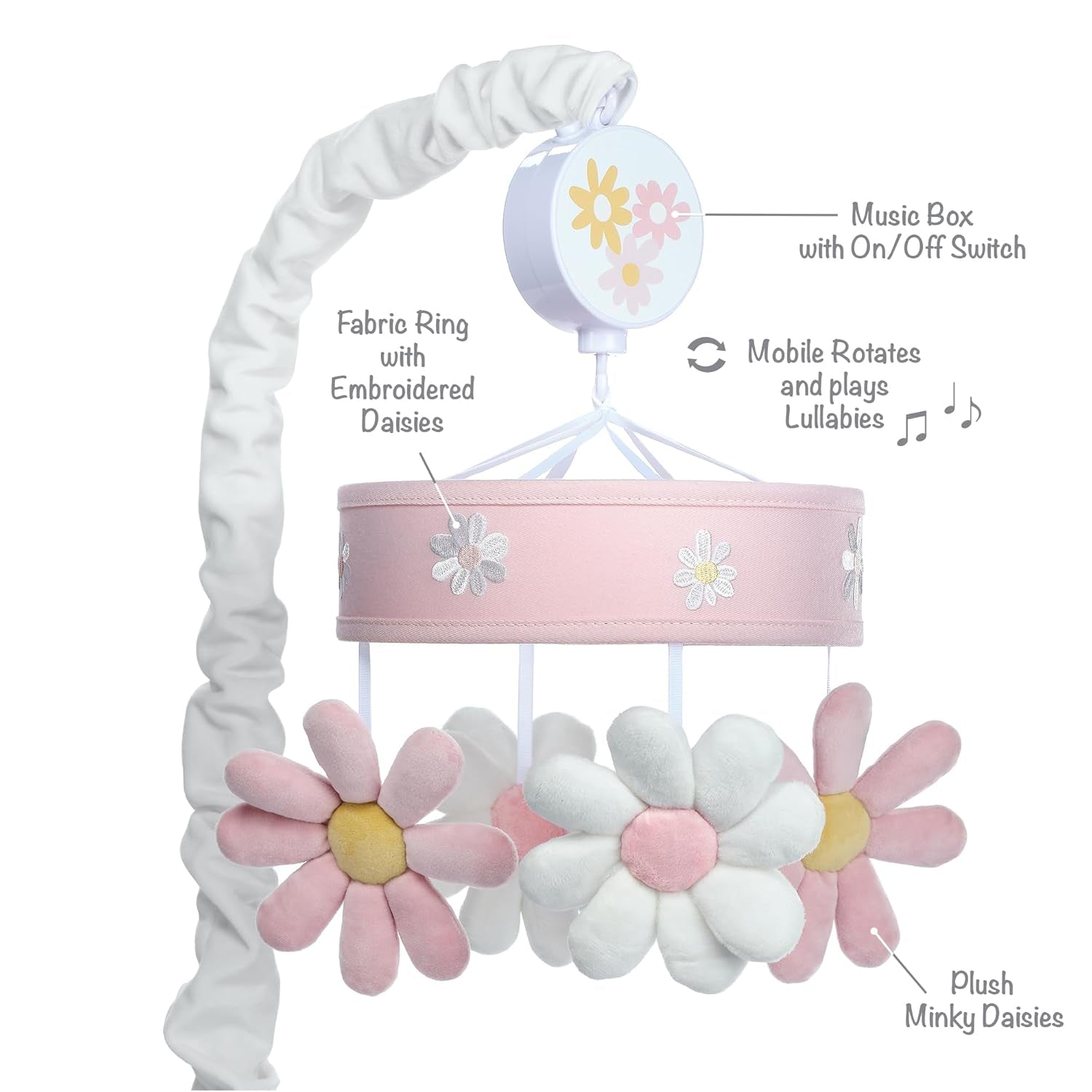 Lambs & Ivy Daisy Dreams Pink/White Musical Baby Crib Mobile Soother Toy