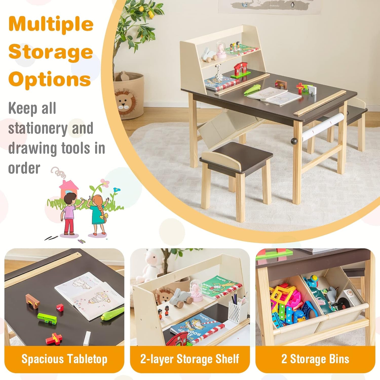 Costzon Kids Art Table and Chair Set, Wooden Drawing Painting Craft Center with Paper Roll, 2 Markers, 2 Storage Bins, Kids Activity Play Table with 2 Stools for Boys Girls Ages 3+ (Brown)