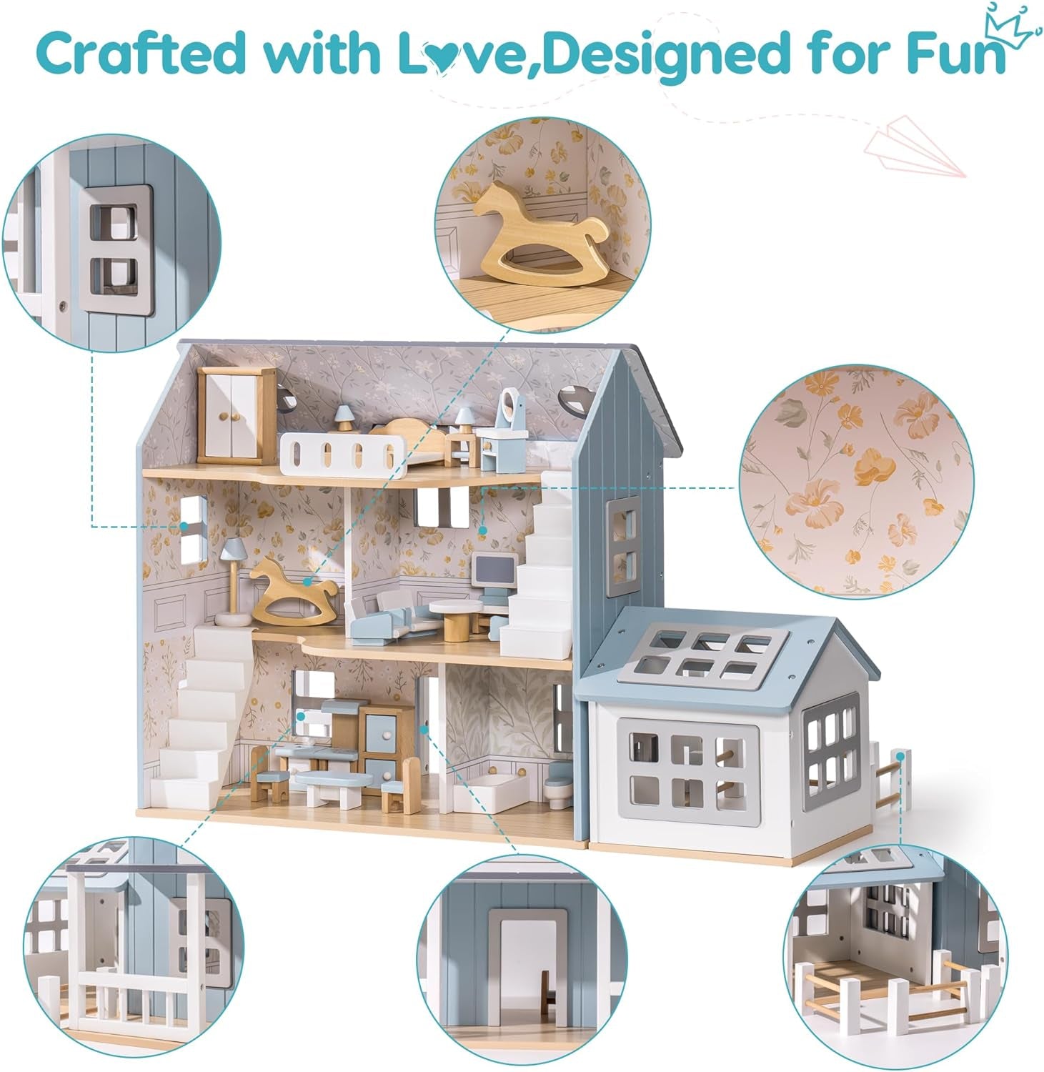 ROBUD Wooden Dollhouse, Modern Vintage Farm Dollhouse with 25Pcs Furniture, 5 Rooms, a Stable, Doll House for 4-6 Inches Dolls, Ideal Gift for Kids Ages 3+ (Gray)