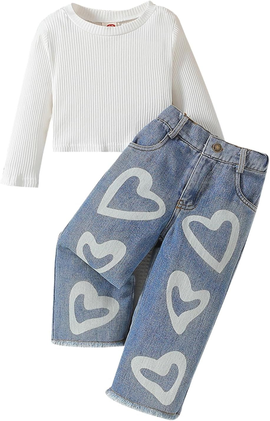 Toddler Girls Clothes 2T 3T 4T 5T Ribbed Baby Kids Girl Denim Outfits Long Sleeve Tops Love Hearts Jeans Pants