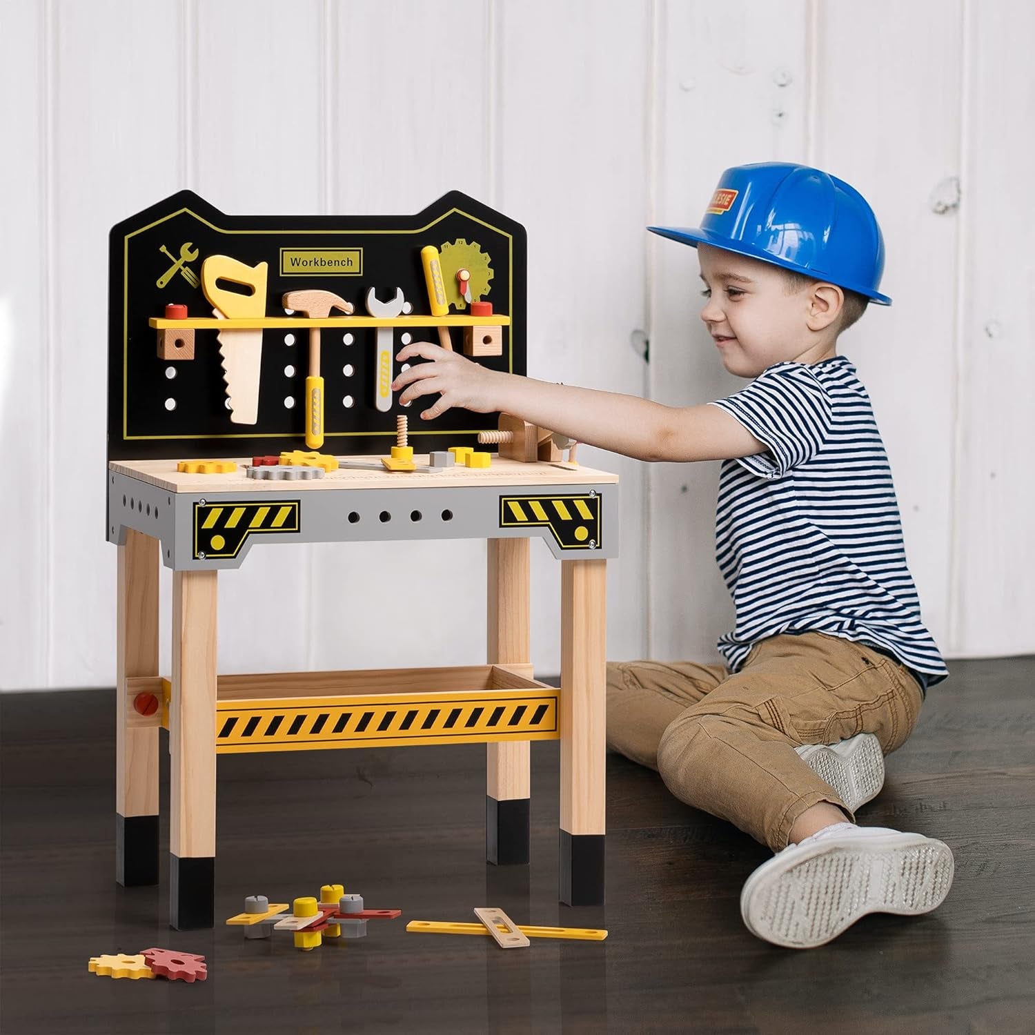 ROBUD Wooden Tool Workbench Toy for Kids & Toddlers, Pretend Play Tool Toy Gift for Boys Girls