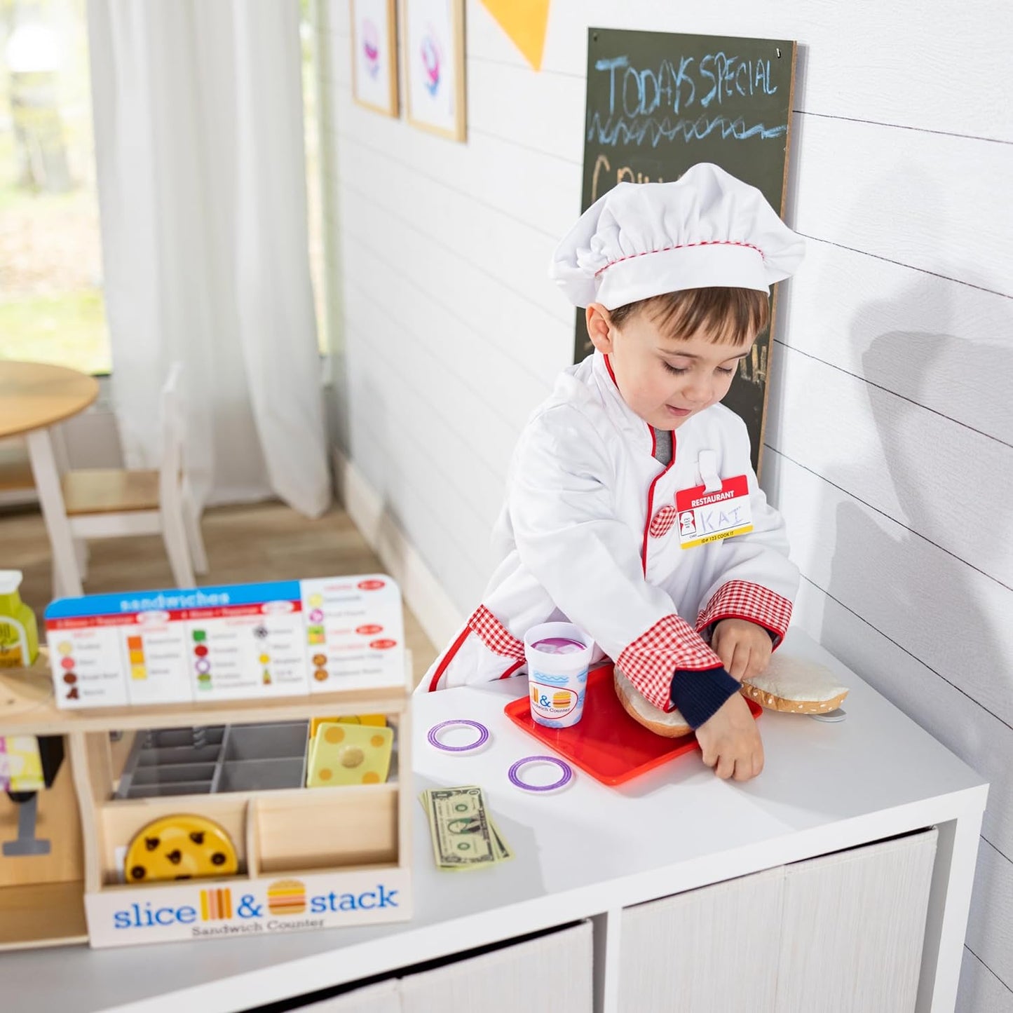 Melissa & Doug Wooden Slice & Stack Sandwich Counter with Deli Slicer – 56-Piece Pretend Play Food Pieces