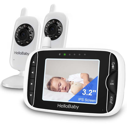 Hellobaby Baby Monitor with 2 Cameras - Monitor No Wifi Baby Monitor with Camera and Audio,Video Baby Monitor,Night Vision 2-Way Audio Fully Remote Pan & Tilt 2X Zoom Temperature,Eco Mode,8 Lullabies