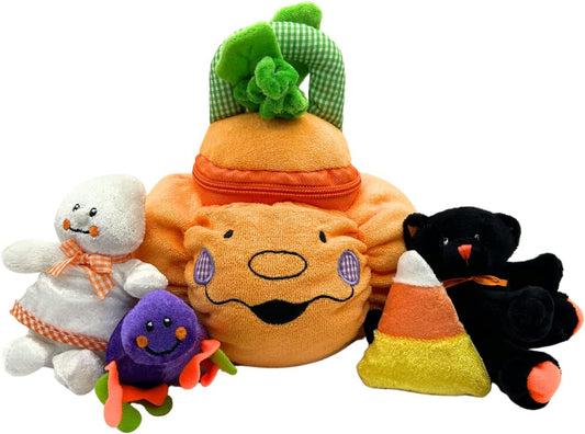 The Original My First Halloween Pumpkin Playset for Babies - Plush Stuffed Pumpkin Toy with 4 Ct Sensory Toys (Cat, Ghost, Spider, Candy Corn) - Fun Keepsake by Genius Baby