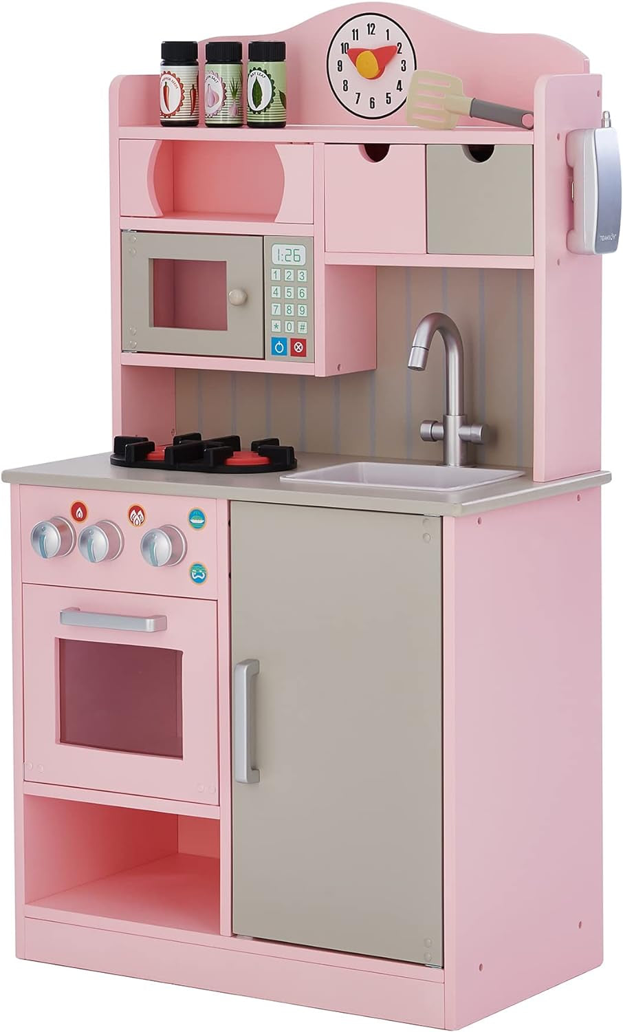 Teamson Kids Little Chef Florence Classic Interactive Wooden Play Kitchen with Accessories and Storage Space for Easy Clean Up, Pink with Gray Accents