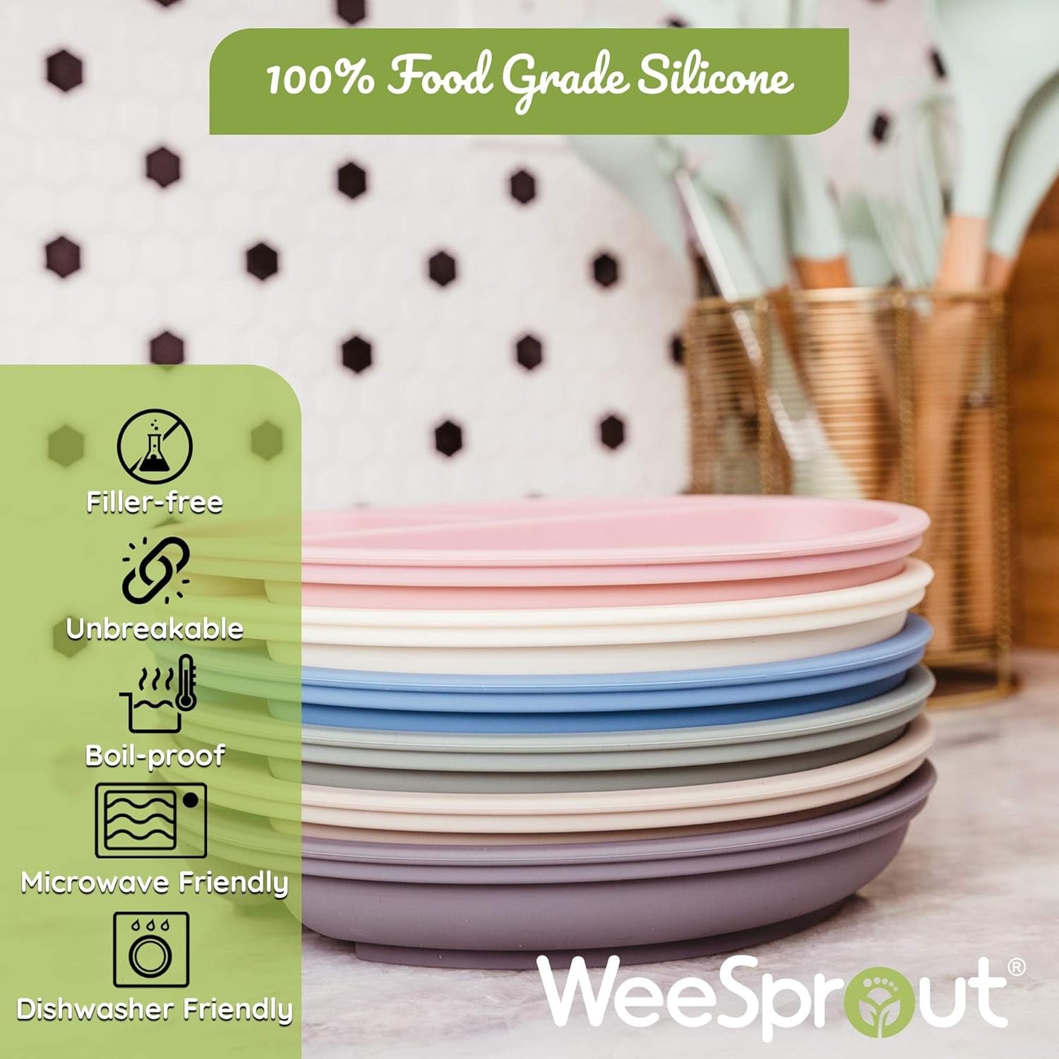 Weesprout Silicone Plates with Lids for Babies & Toddlers (3 Pack) 100% Food-Grade Dishes for Self Feeding, Divided Design & Raised Edges for Picky Eaters, Dishwasher & Microwave Safe Weaning Supplies