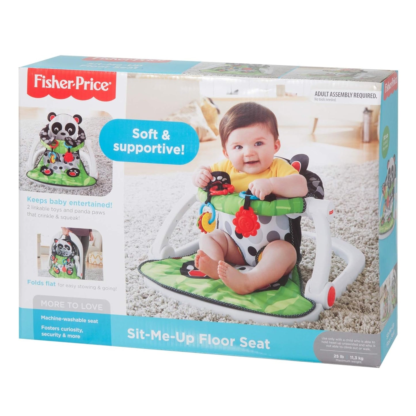 Fisher-Price Portable Baby Chair Sit-Me-Up Floor Seat with Developmental Toys and Crinkle & Squeaker Seat Pad, Panda Paws