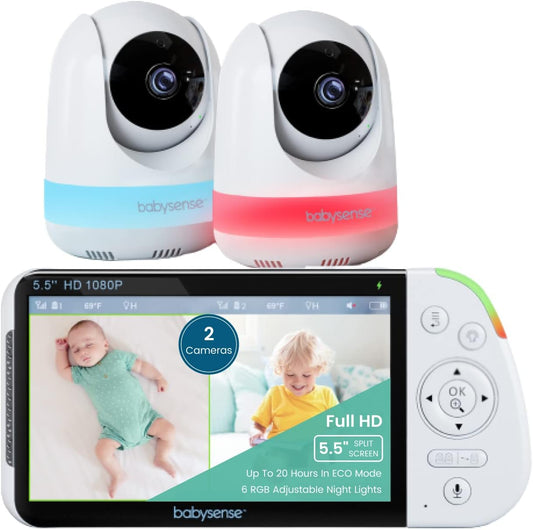 Babysense 5.5” 1080P Full HD Split-Screen Baby Monitor, Video Baby Monitor with 2 Cameras and Audio, 6-Color RGB Night Light, 1000Ft Range, Two-Way Audio, 4X Zoom, 5000Mah Battery