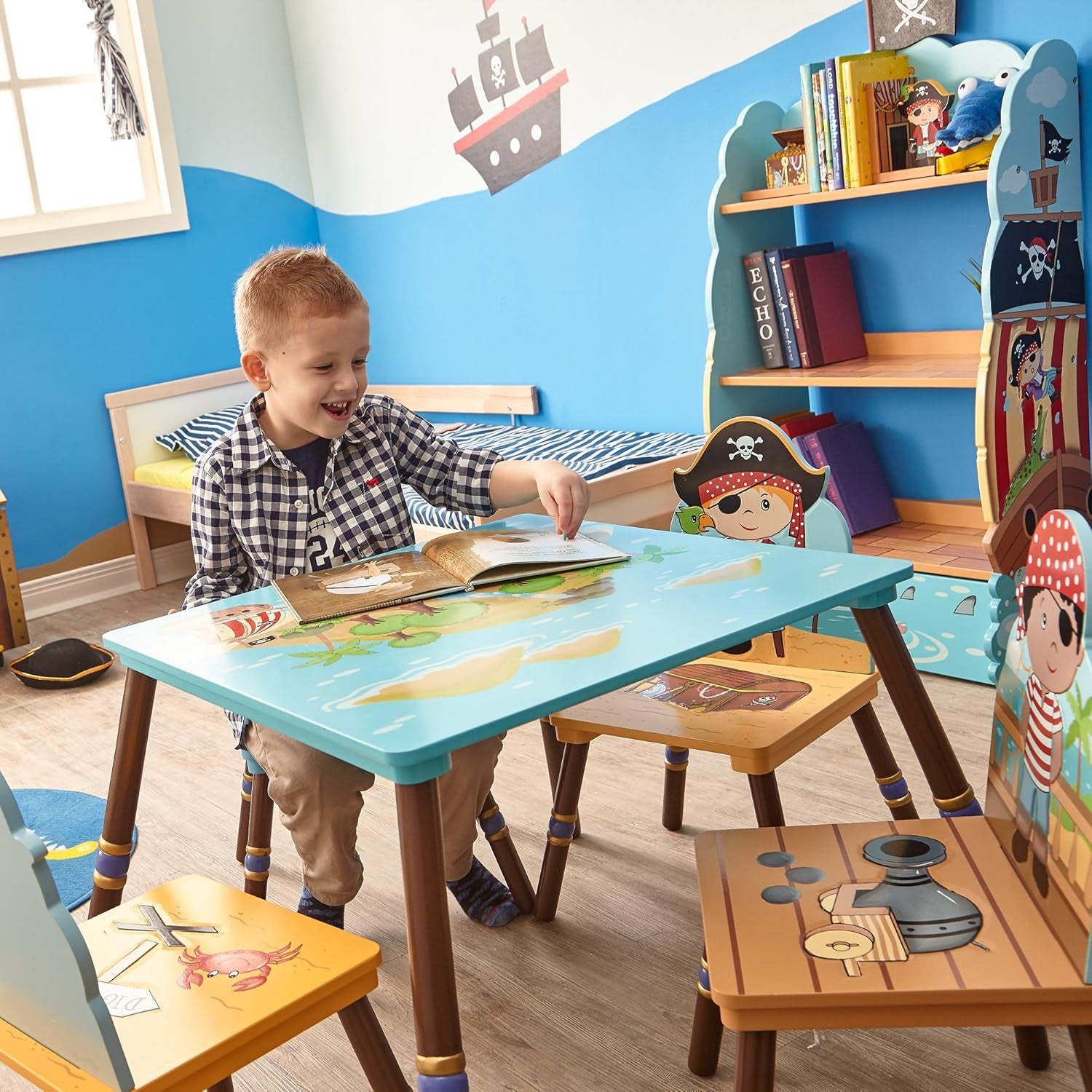 Fantasy Fields - Pirate Island Thematic Hand Crafted Kids Wooden Table | Imagination Inspiring Hand Crafted & Hand Painted Details | Non-Toxic, Lead Free Water-Based Paint