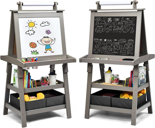 Costzon Kids Art Easel, 3 in 1 Double-Sided Wooden Easel W/Magnetic Whiteboard, Chalkboard & Paper Roll, 2-Tier Rack W/ 2 Storage Boxes, Standing Easel for Kids, Toddlers, Boys, Girls (Grey)