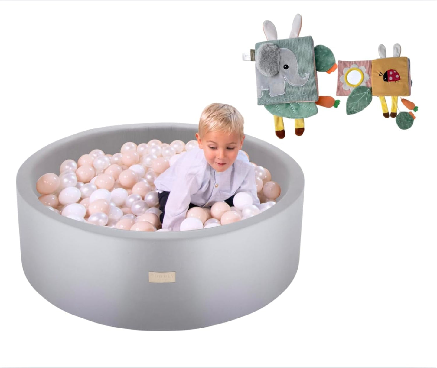 Foam Ball Pit for Toddlers and Babies (35.5”) & Baby Sensory Soft Book Bundle