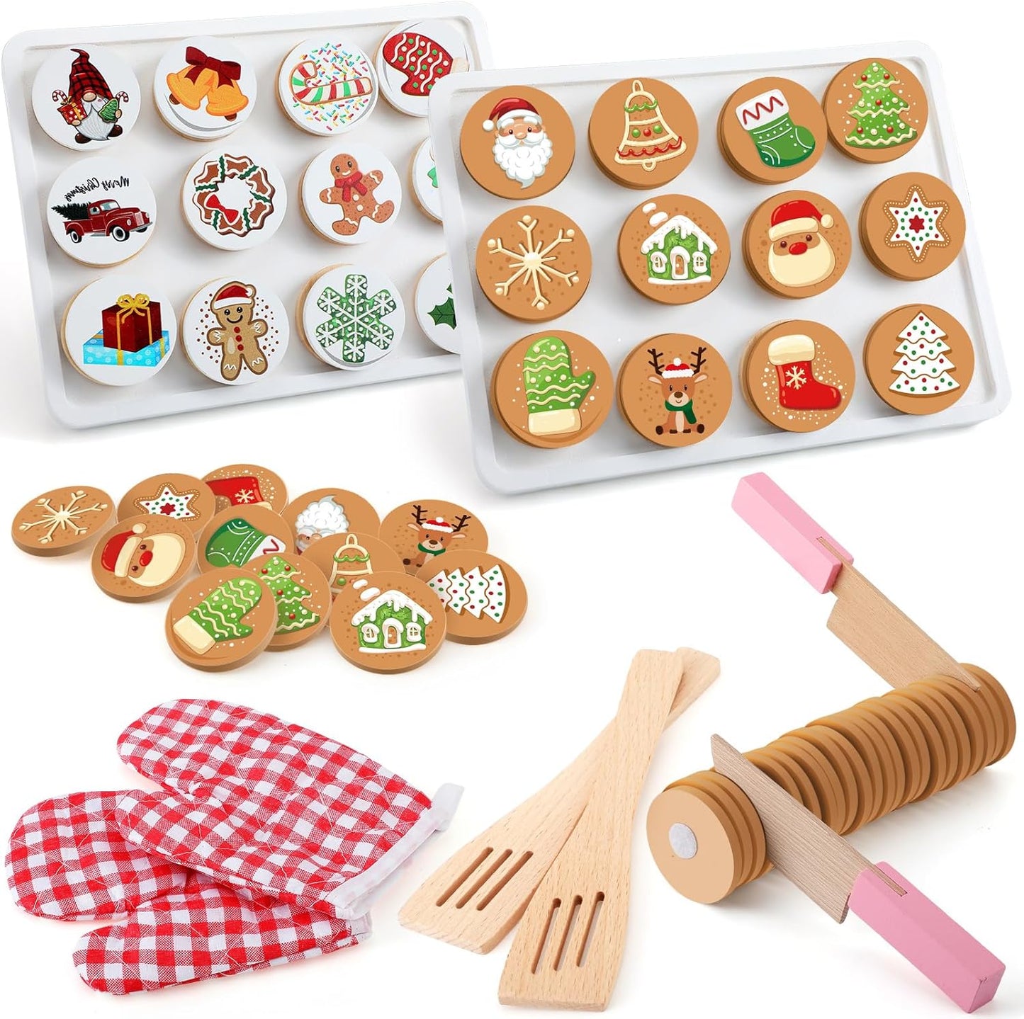 Soaoo 2 Sets Slice and Bake Wooden Christmas Cookie Play Food Set Pretend Cookies and Baking Sheet Wooden Play Food Set Baking Set for Kids(Christmas Style)