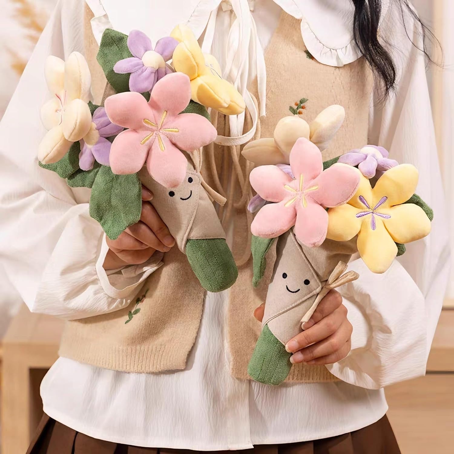 Cute Flower Plush Doll Stuffed Plant Plushie Soft Flower Doll Lovely Smiling Face Huggable Handing Flower Toy Sweet Gifts for Boys Girls Kids Adults, Pink, W32PL00075