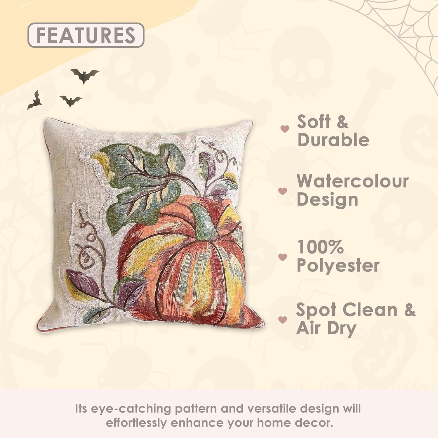 MON AMI Watercolour Pumpkin Decorative Throw Pillow – 18X18”, Halloween Decorations, Farmhouse Cushion for Sofa/Couch