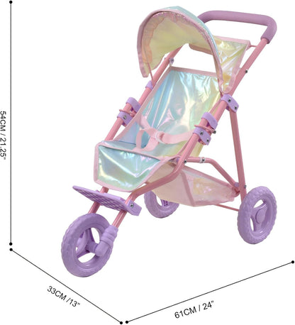 Teamson Kids - Magical Dreamland Baby Doll Jogging Stroller - My Little Girls First Dolls Pram Toy Gift, Iridescent Color