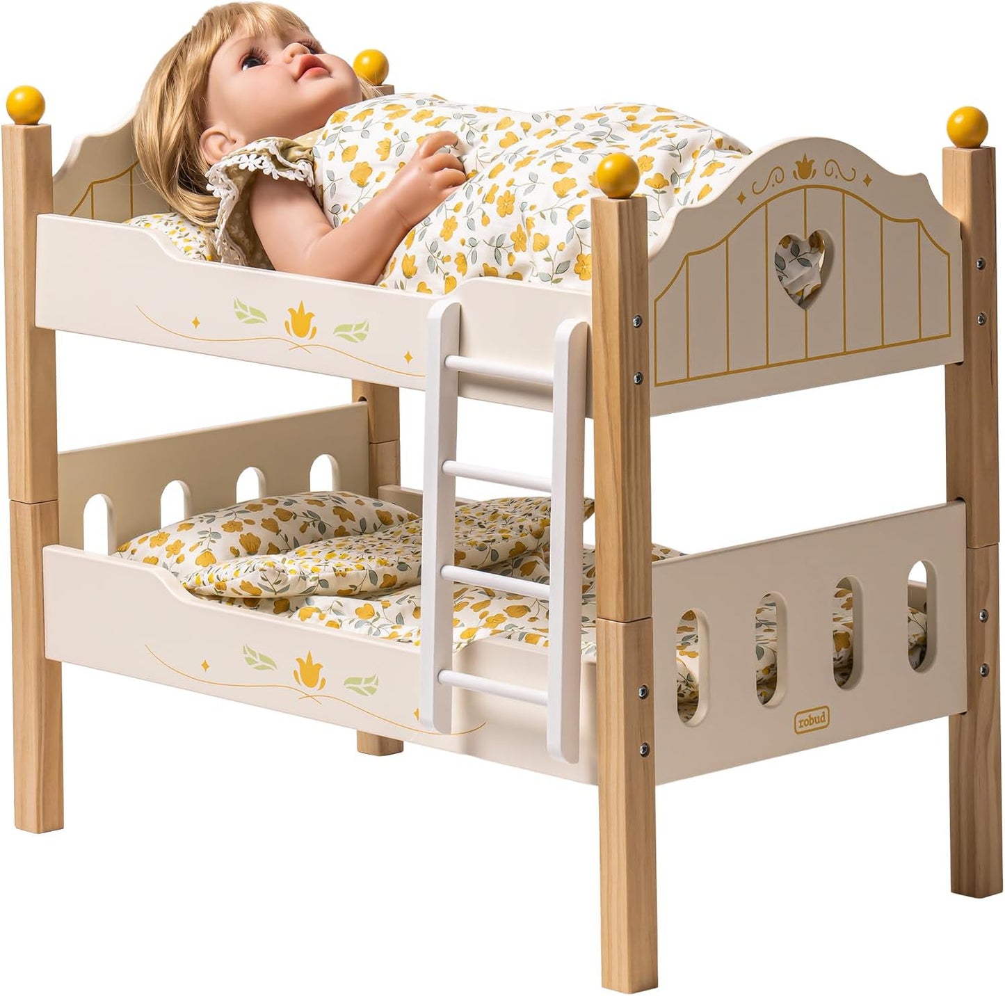 ROBUD Toys Doll Bunk Bed Set - Wooden Play Baby Doll Crib with Ladders and Accessories for 18 Inch Dolls (2 Beds, Fits American Girls)