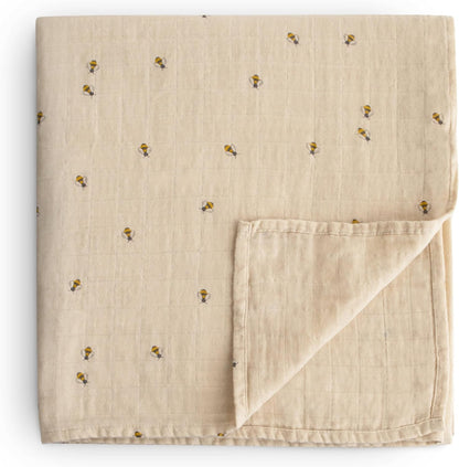 Mushie Muslin Baby Swaddle Blanket | 100% Organic Cotton (Bees)