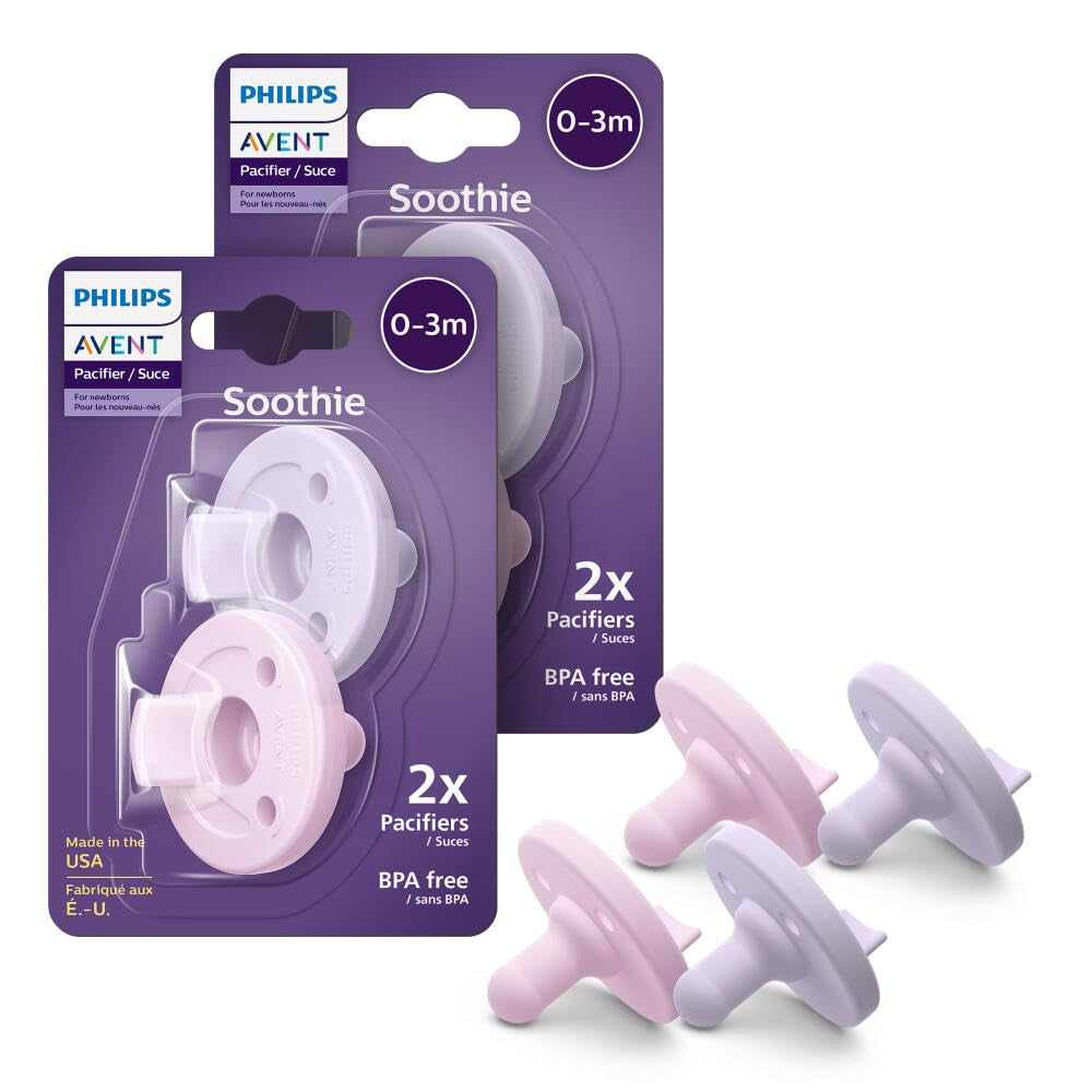 Philips Avent Soothie Orthodontic Baby Pacifiers, 100% Silicone Pacifiers, One Piece, Bpa-Free, for Babies 0-3 Months, 2 Lilac and 2 Pink, 4 Pack, Model SCF190/70