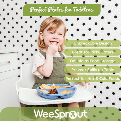 Weesprout Silicone Plates with Lids for Babies & Toddlers (3 Pack) 100% Food-Grade Dishes for Self Feeding, Divided Design & Raised Edges for Picky Eaters, Dishwasher & Microwave Safe Weaning Supplies