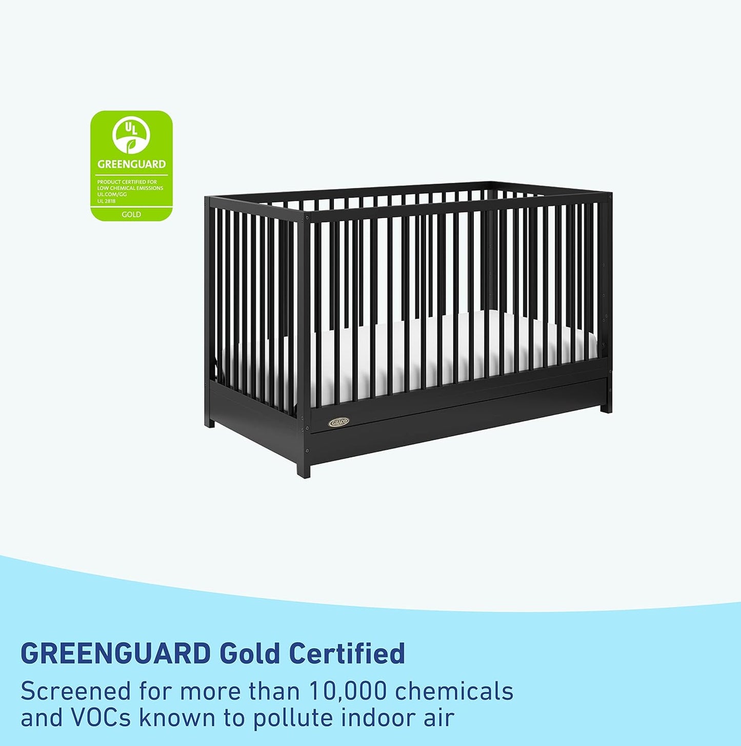 Graco Teddi 5-In-1 Convertible Crib with Drawer (Black) – GREENGUARD Gold Certified, Crib with Drawer Combo, Full-Size Nursery Storage Drawer, Converts to Toddler Bed, Daybed and Full-Size Bed