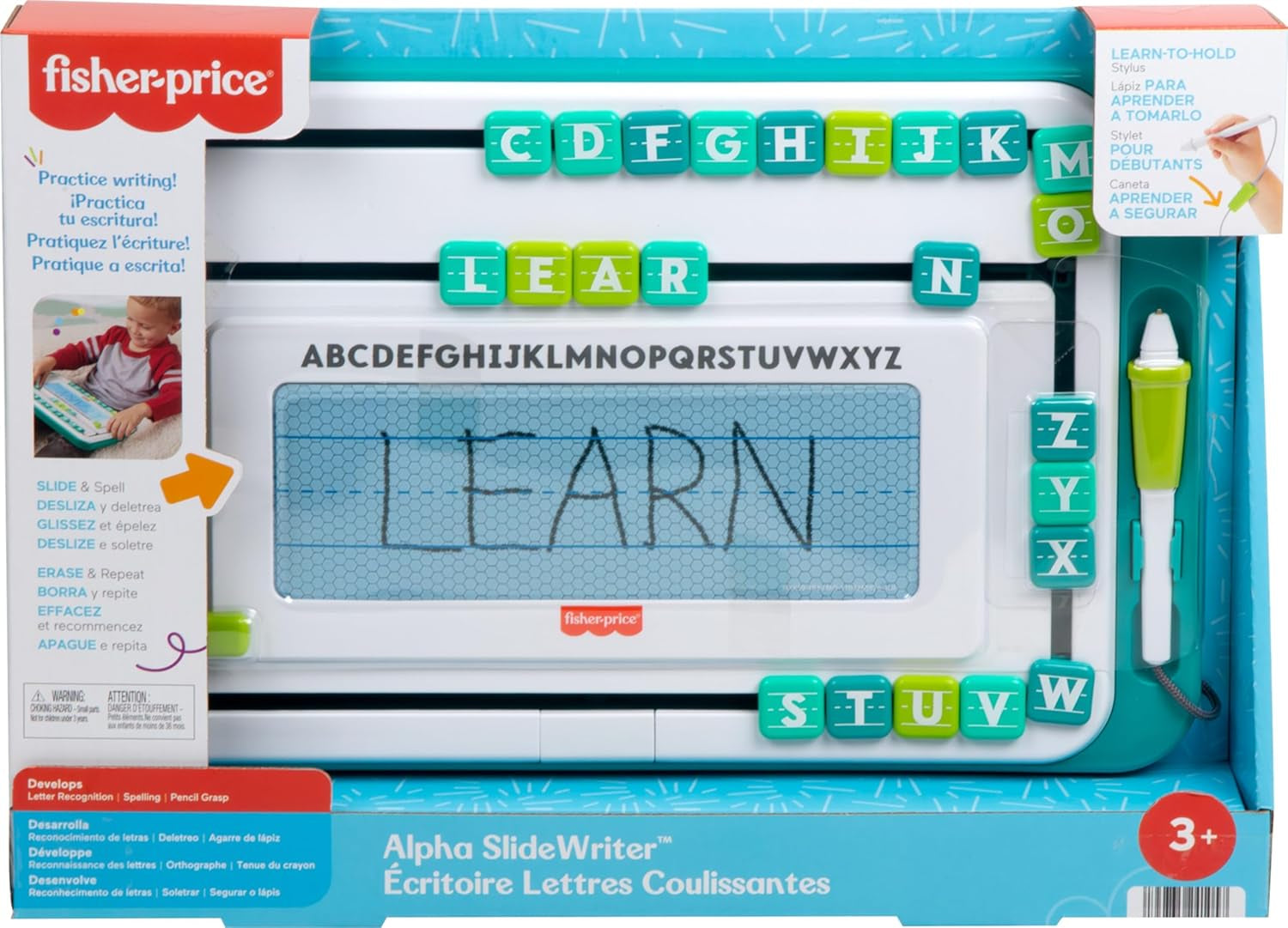 Fisher-Price Preschool Toy Think & Learn Alpha Slidewriter Magnetic Drawing Tablet with Letter Tiles for Kids Ages 3+ Years