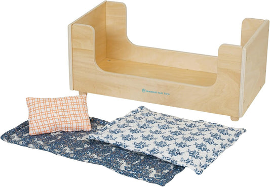 Manhattan Toy Sleep Tight Wooden Play Sleigh Bed with Pillow and Blanket for Dolls and Stuffed Animals