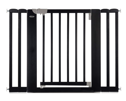 Graco Safespace Walk-Through Wooden Safety Gate - Expands from 29-43.75", 30" Tall, Includes 4 Extensions, Pressure Mounted Walk Thru Baby Gate, Perfect for Children & Pets, Black