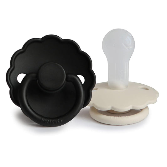 FRIGG Daisy Silkysoft Silicone Baby Pacifier | Made in Denmark | Bpa-Free (Jet Black/Cream, 6-18 Months)