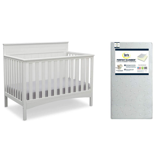 Delta Children Fancy 4-In-1 Crib, Bianca + Serta Perfect Slumber Dual Sided Recycled Fiber Core Crib and Toddler Mattress (Bundle)