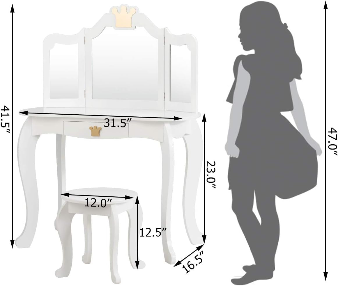 Costzon Kids Vanity Table and Chair Set, Princess Makeup Dressing Table with Drawer & Tri-Folding Mirror, 2 in 1 Vanity Set with Detachable Top, Pretend Beauty Play Vanity Set for Girls (White)