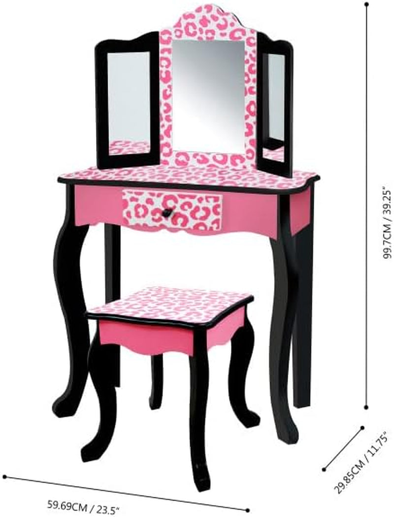 Teamson Kids Leopard Prints Wooden 2-Pc. Play Vanity Set with Tri-Fold Mirror, Storage Drawer and Matching Stool to Play Dress-Up, Princess or Beauty Shop, Black/Pink