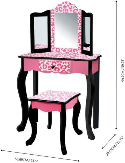 Teamson Kids Leopard Prints Wooden 2-Pc. Play Vanity Set with Tri-Fold Mirror, Storage Drawer and Matching Stool to Play Dress-Up, Princess or Beauty Shop, Black/Pink