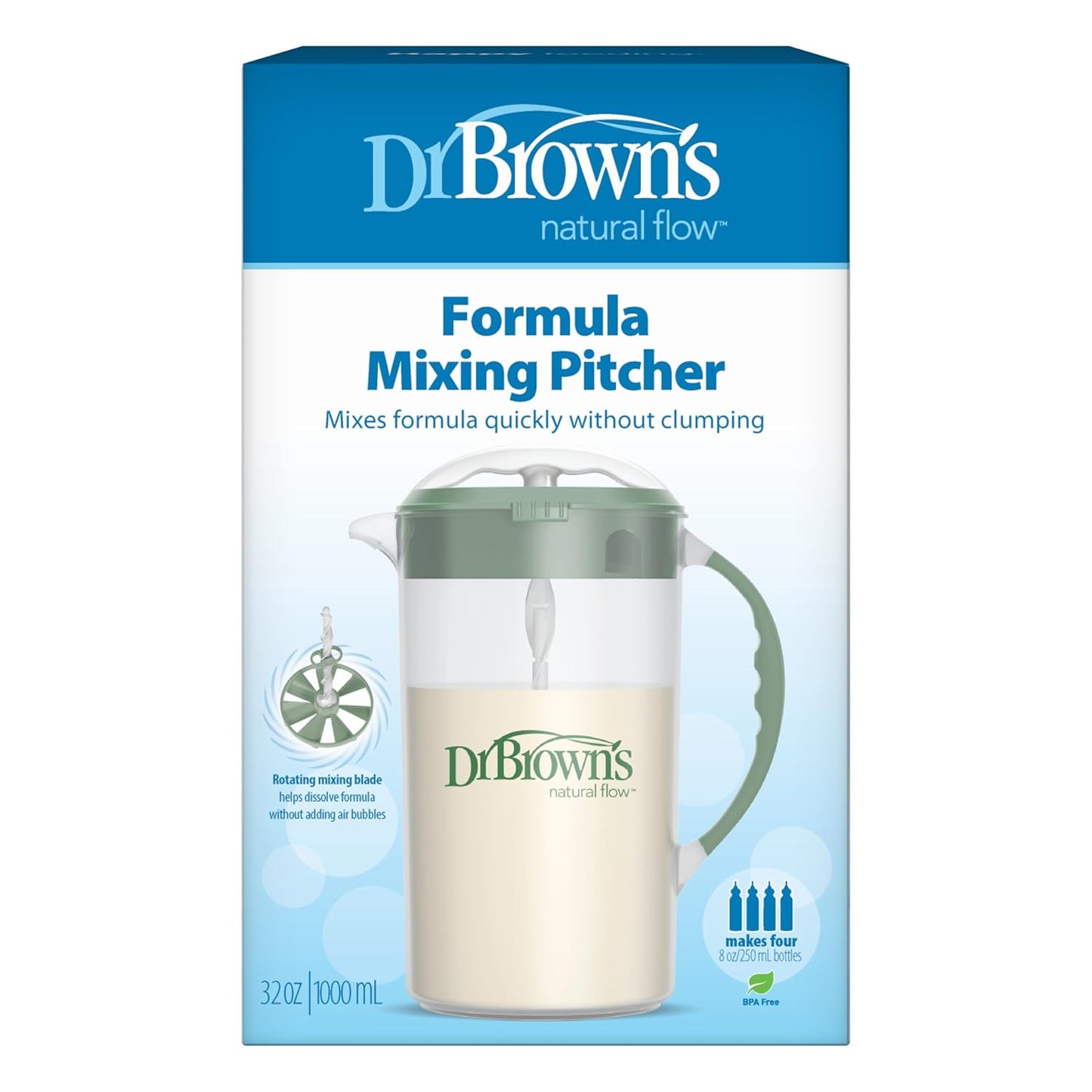 Dr. Brown'S Baby Formula Mixing Pitcher with Adjustable Stopper, Locking Lid, & No Drip Spout, 32Oz, BPA Free, Olive