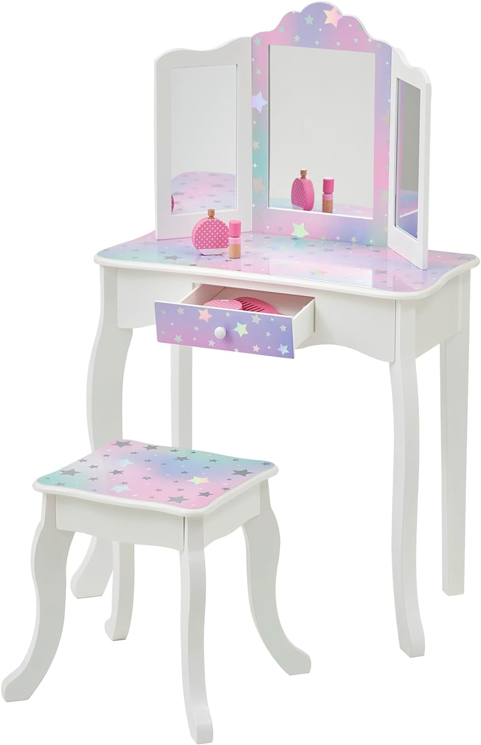 Teamson Kids Princess Gisele Starry Sky Print 2-Piece Kids Wooden Play Vanity Set with Vanity Table, Tri-Fold Mirror, Storage Drawer, and Matching Stool, White with Iridescent and Stars Accent