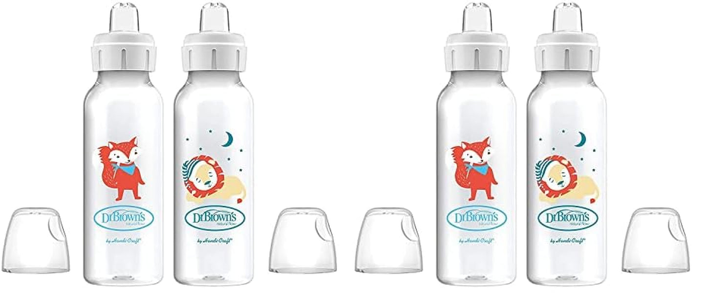 Dr. Brown'S Milestones Narrow Sippy Bottle, 100% Silicone Soft Sippy Spout, 8Oz/250Ml, Fox & Lion, 6M+