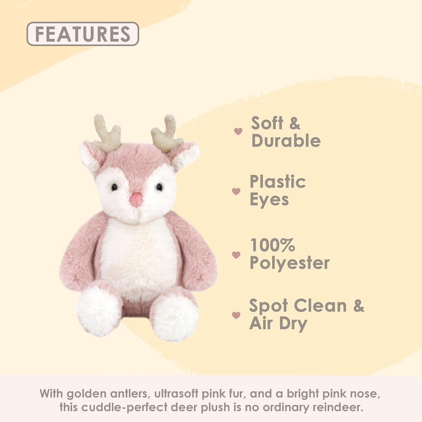 MON AMI Holly the Reindeer Stuffed Animal – 10”, Plush Pink Reindeer, Moose Stuffed Toy, Red Nosed Reindeer, for Kids of All Ages