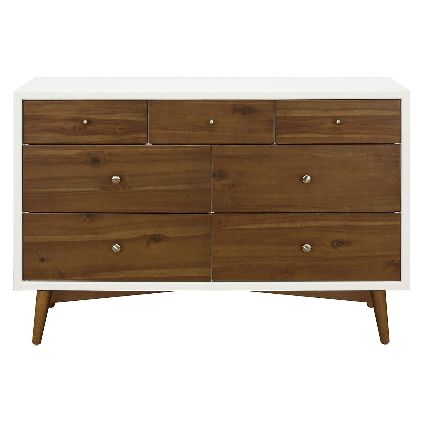 Babyletto Palma 7-Drawer Assembled Double Dresser in White and Natural Walnut, Greenguard Gold Certified, 19"D X 53"W X 34.25"H